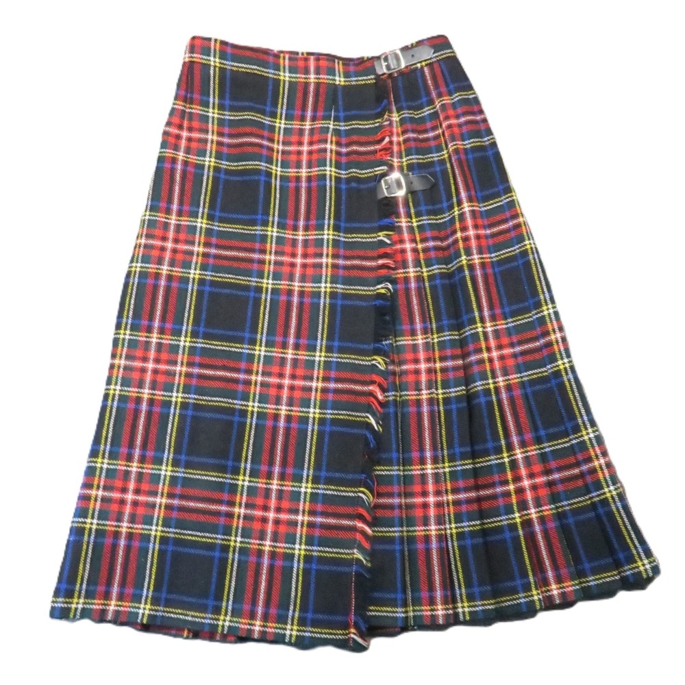 James Dalgliesh Wool Kilt Skirt 14 Plaid Tartan Pleated Wrap Fringe Vtg Academia